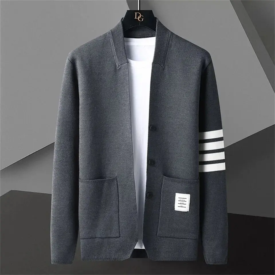 Top Trends: New Arrival High End Luxury Men's Knitted Cardigan2023Autumn Korean Casual Trend Fashion Stripe Pocket Simple Men's Sweater Coat Shoppable Styles - Image 5