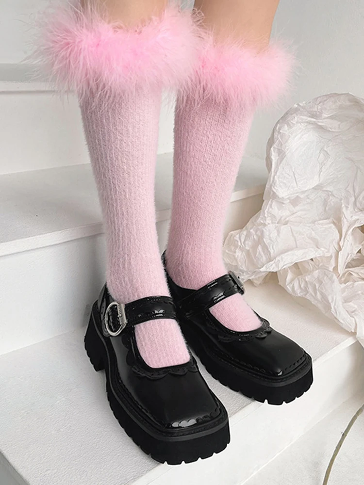 Top Trends: Winter Ostrich Feather Warm Christmas Socks Fashion Medium Tube Feather Knee High Home Socks Candy Color Fluffy Sexy Women Socks Shoppable Styles