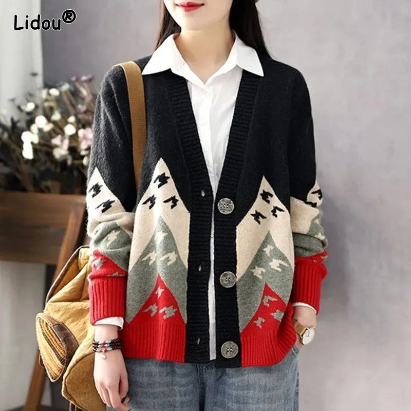 Top Trends: 2023 New Autumn And Winter Retro Art Casual Loose Super Oversized V-neck Printed Long Sleeve Versatile Knitted Sweater Cardigan Shoppable Styles