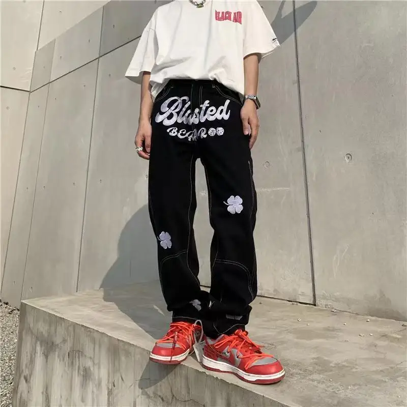 Top Trends: American Harajuku High Street Five-leaf Clover Embroidered Jeans For Men And Women Hip-hop Oversize Loose Straight Y2k Trousers Shoppable Styles