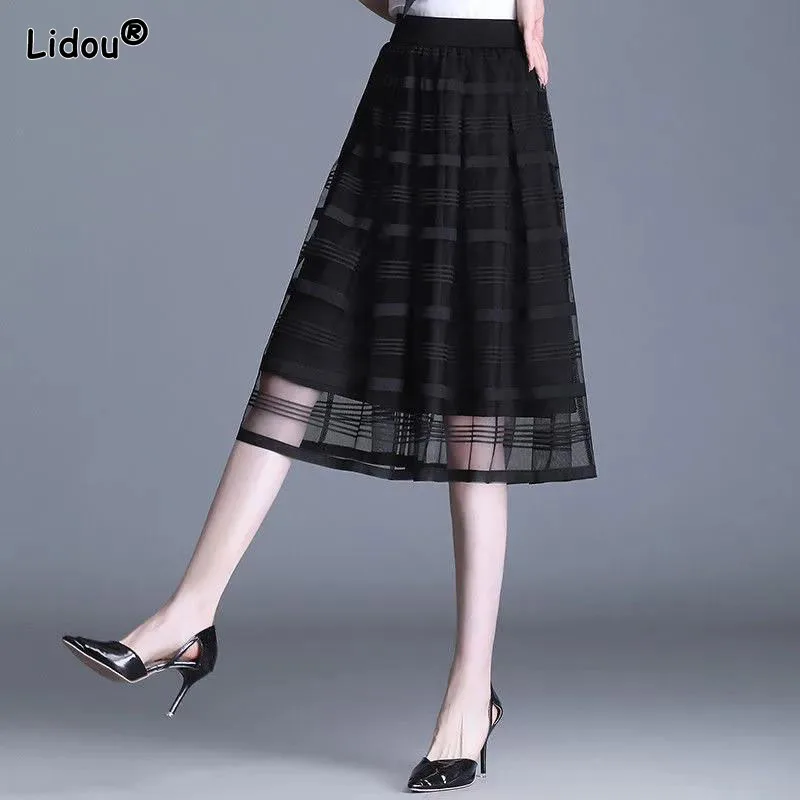 Top Trends: 2022 New Blended Gauze Age Reduction Women&#039;s Clothing Solid Striped Spring Summer Slim Empire Mid-calf A-line Skirt Office Lady Shoppable Styles