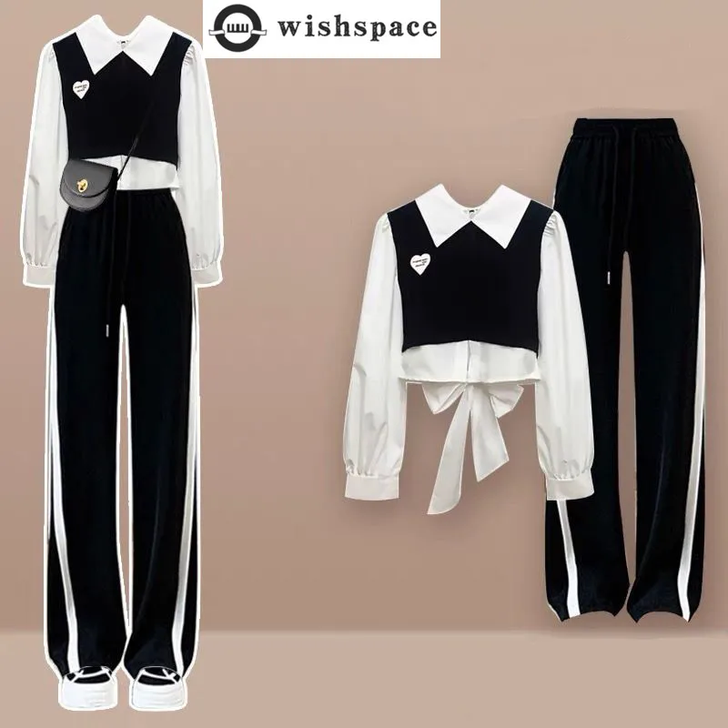 Top Trends: Korean Popular Spring New Bow Fake Two-piece Shirt Stripe Sports Casual Trousers Two-piece Elegant Women&#039;s Pants Set Outfits Shoppable Styles