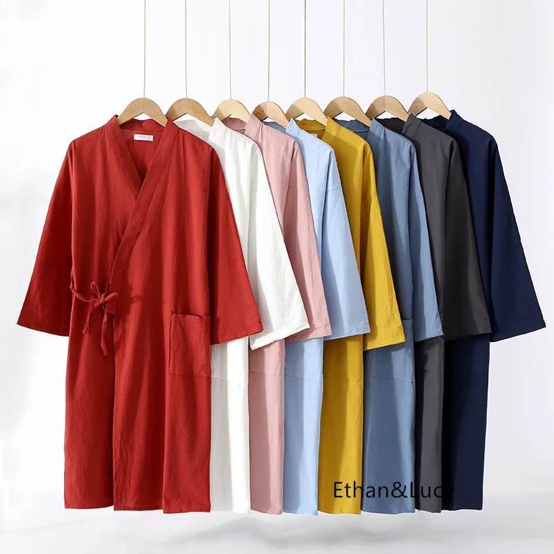 Top Trends: Washed Ramie Cotton Long-sleeved Bathrobe Japanese Kimono Robe Women And Men Nightgown Couple Loose Robes Nightwears For Ladies Shoppable Styles