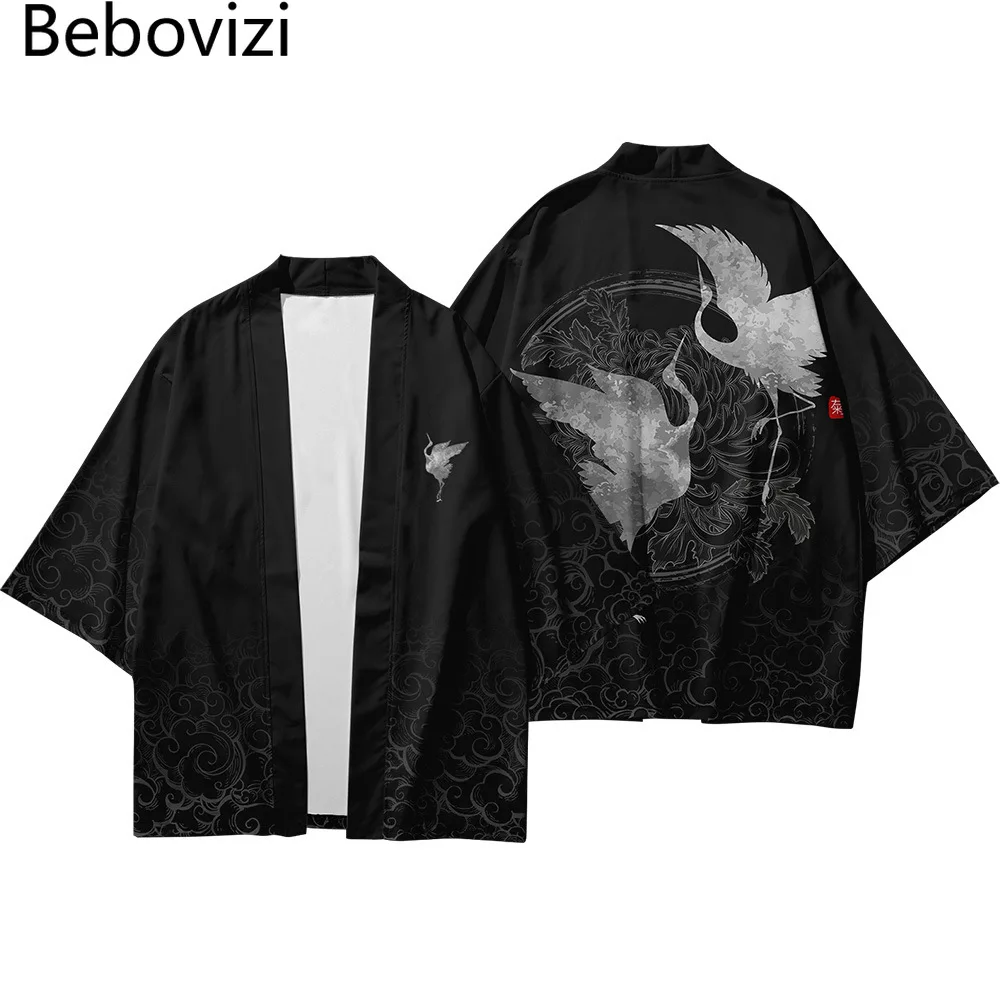 Top Trends: Bebovizi Japanese Crane Kimono Cosplay Pant Men Women Cardigan Samurai Robe Black Clothes Summer Yukata Vintage Haori Shoppable Styles