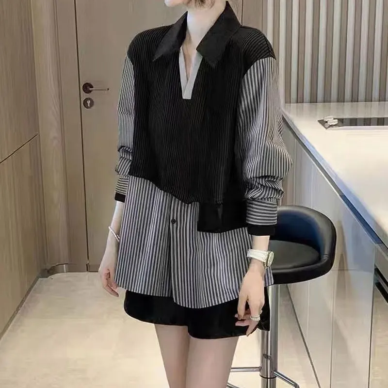 Top Trends: Fashion Streetwear Striped Casual Patchwork Blouse Women&#039;s Clothing Button Loose All-match Spring Autumn Turn-down Collar Shirt Shoppable Styles