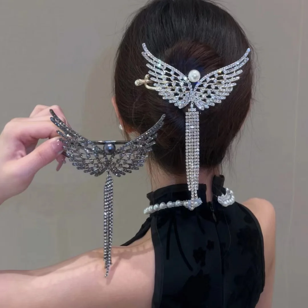 Top Trends: VANIKA Full Rhinestone Angel Wing Hair Clip Elegant Tassel Hairpins Ponytail Bun Headbands For Women Girls Summer Accessories Shoppable Styles