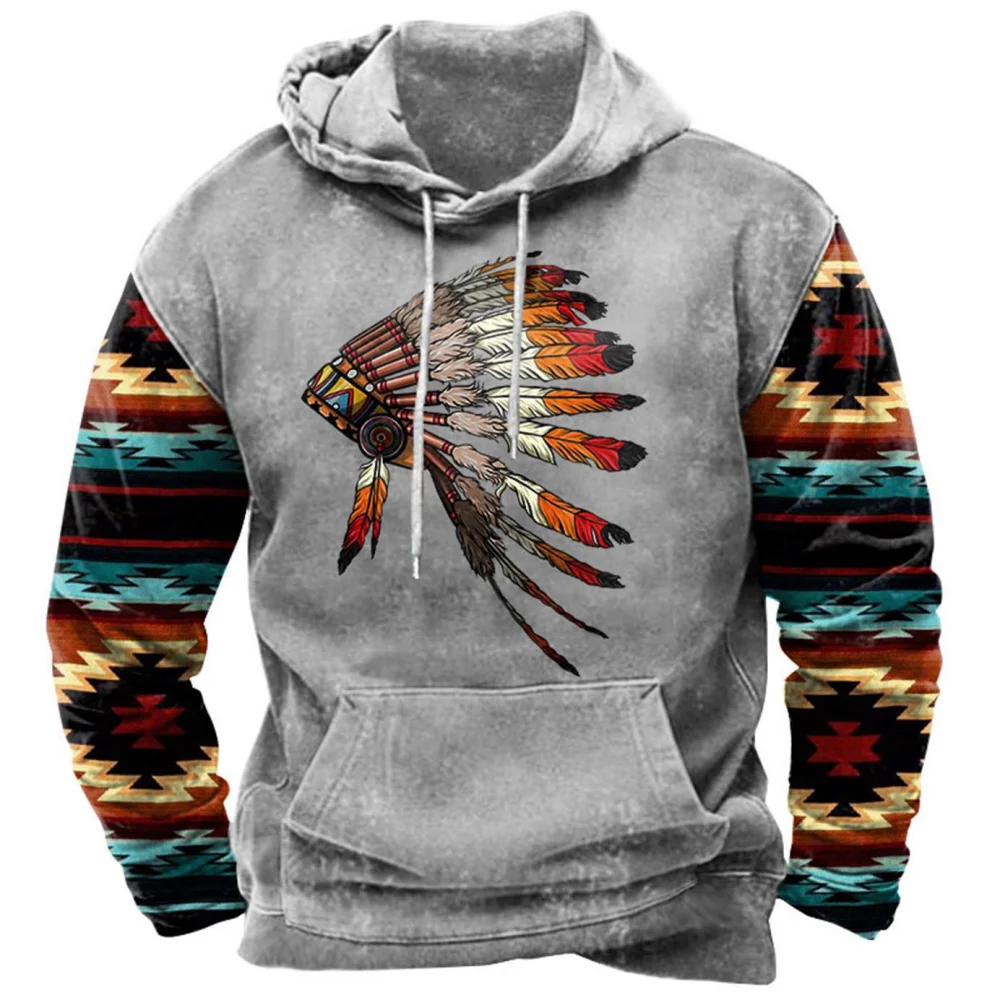 Top Trends: Indian Feather Totem Vintage Men&#039;s Hoodie Oversized Autumn Winter Spring Hooded Sweatshirt Casual Harajuku Full Sleeve Clothes Shoppable Styles