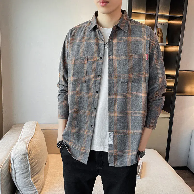 Top Trends: Spring Autumn Plaid Fashion Harajuku Shirt Men Loose Casual Korean Male Clothes Sport All Match Tops Long Sleeve Vintage Blouse Shoppable Styles