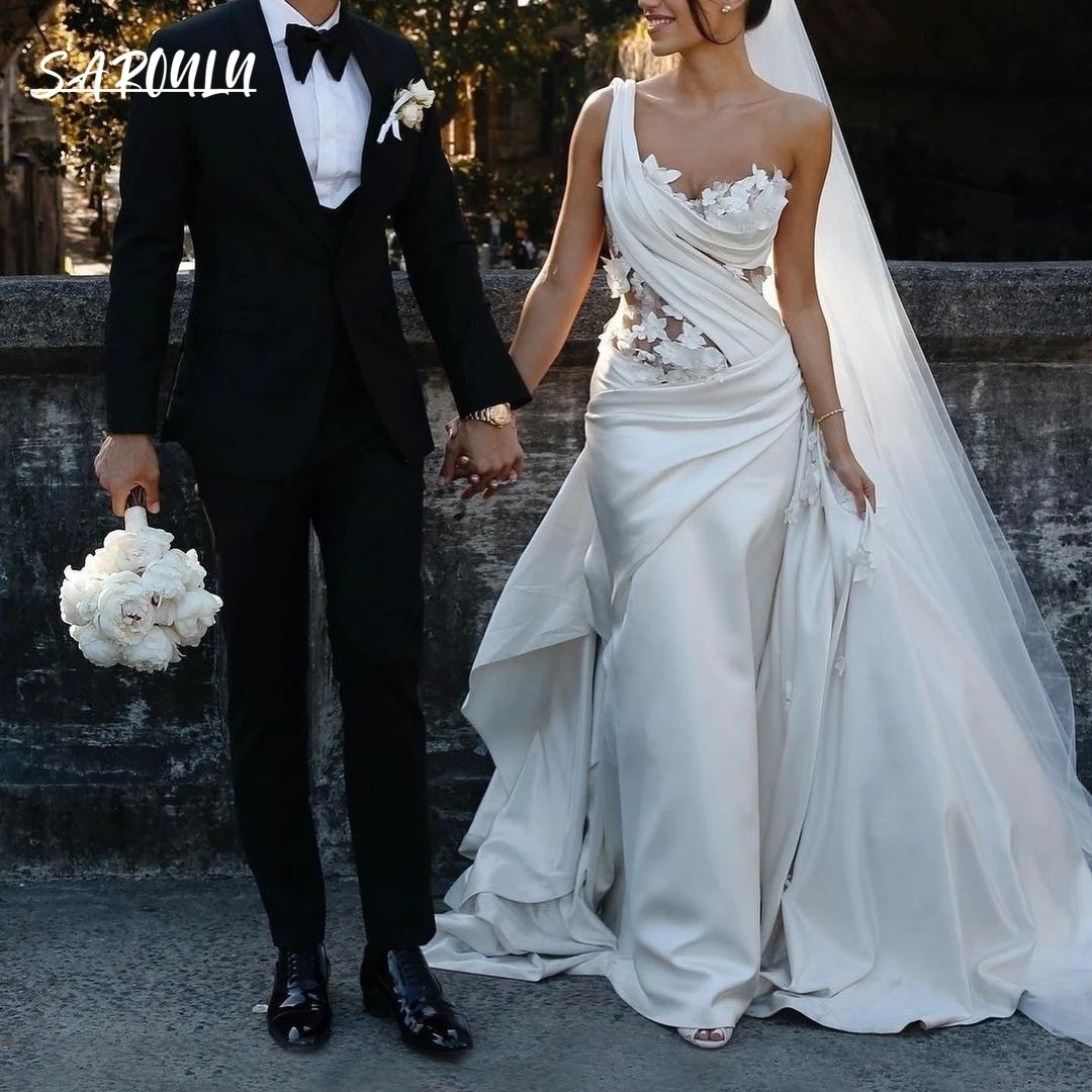 Top Trends: One Shoulder Satin Sheath Wedding Dress Flower Appliqued Bride Dresses Illusion Backless Bridal Wedding Gown Abito Da Sposa Shoppable Styles