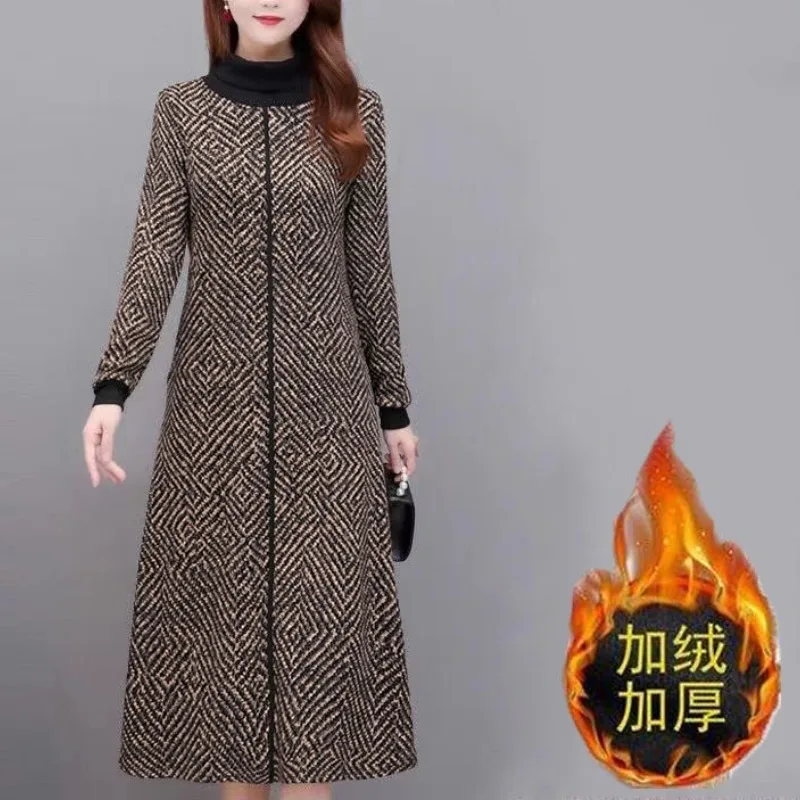 Top Trends: Autumn And Winter Women's Half High Neck Midi Long Sleeve Panel Slim Plus Size Printing Geometry Fashion Casual Formal Dress Shoppable Styles