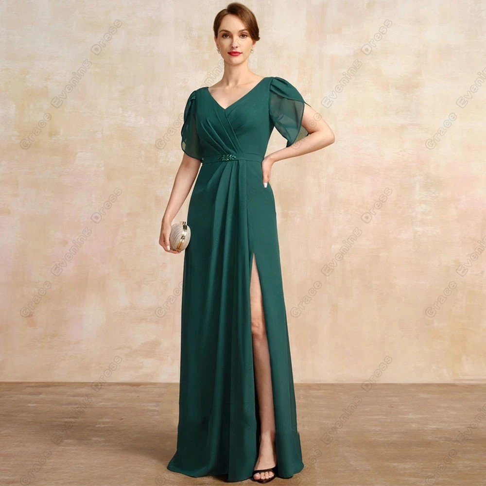 Top Trends: Green Side Slit Mother Of Bride Dresses Short Sleeve Wedding Party Dresses With Belt Crystal 2023 Pleat Summer New Robe De Soiré Shoppable Styles