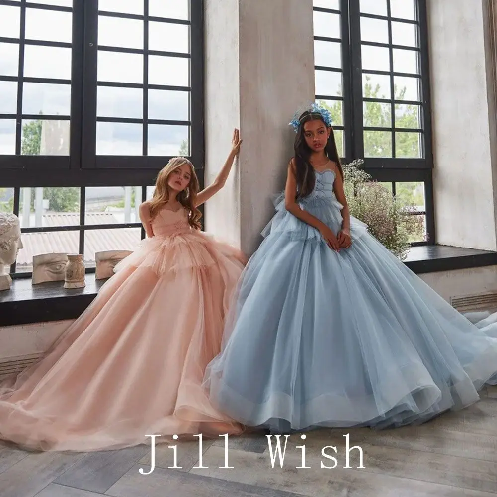 Top Trends: Jill Wish Luxury Blush Flower Girl Dress O-Neck Quinceanera Blue Princess Ball Gown For Kids Wedding Birthday Party Pageant J109 Shoppable Styles