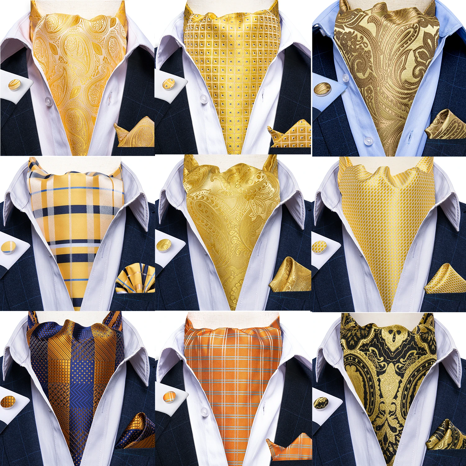 Top Trends: DiBanGu Jacquard Cravat 3pc Set Yellow Paisley Woven Ascot Tie Cufflinks Pocket Square Men&#039;s Fashion Casual Scarves Accessories Shoppable Styles