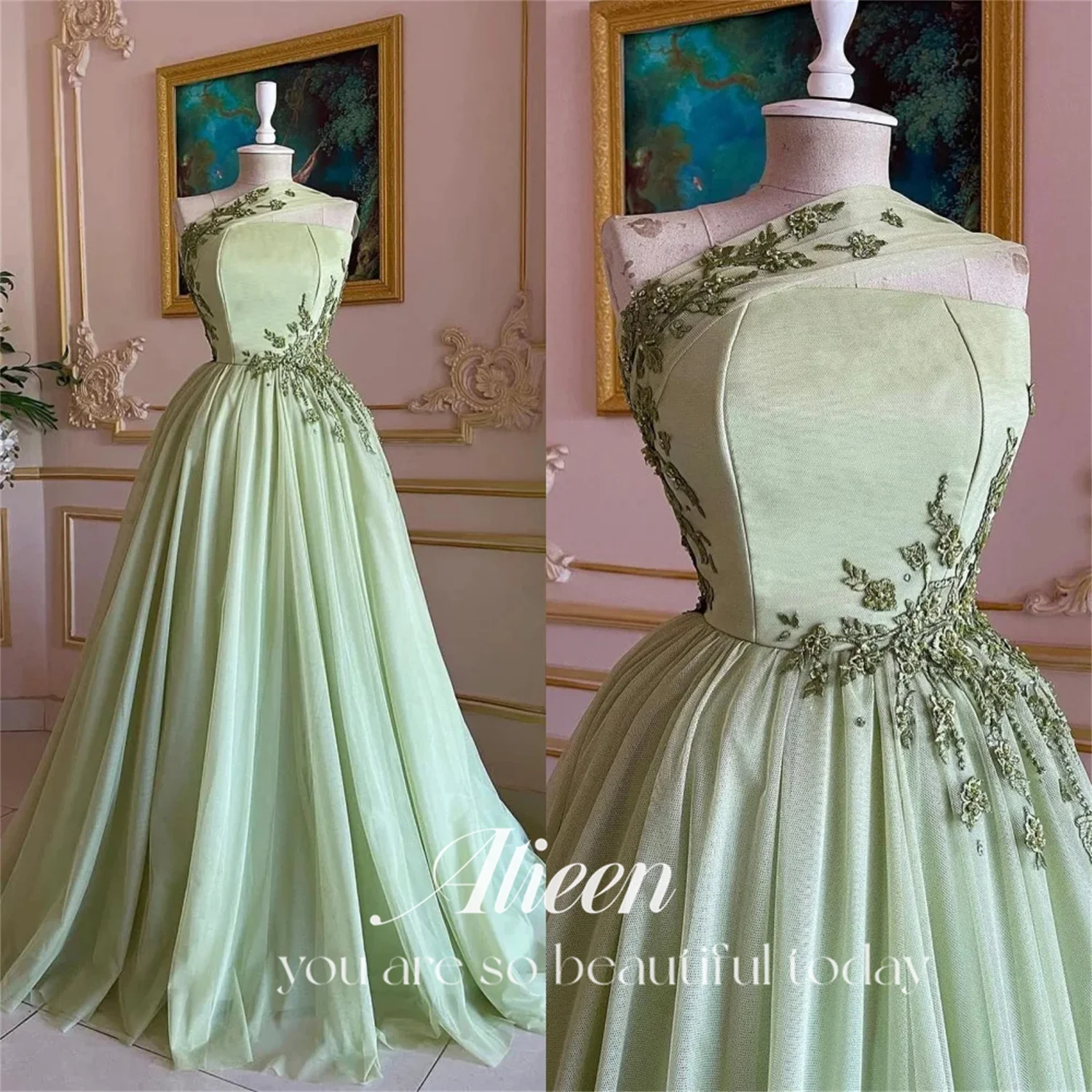 Top Trends: Aileen Green Lace Appliqué A-line Dubai Luxury Evening Dress Elegant Party Dresses Women Women's Luxurious Saudi 2024 New Woman Shoppable Styles