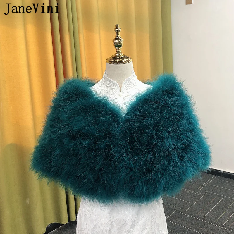 Top Trends: JaneVini Peacock Blue Ostrich Feathers Bridal Shawl Faux Fur Cape Women Ivory Bolero Winter Bride Wraps Stoles Dress Shawl Etole Shoppable Styles