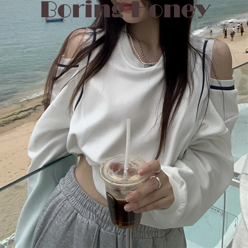 Top Trends: Boring Honey White Off Shoulder Hoodies Tops Women Autumn Korean Style Loose And Comfortable Long Sleeves Fashion Sweatshirts Shoppable Styles