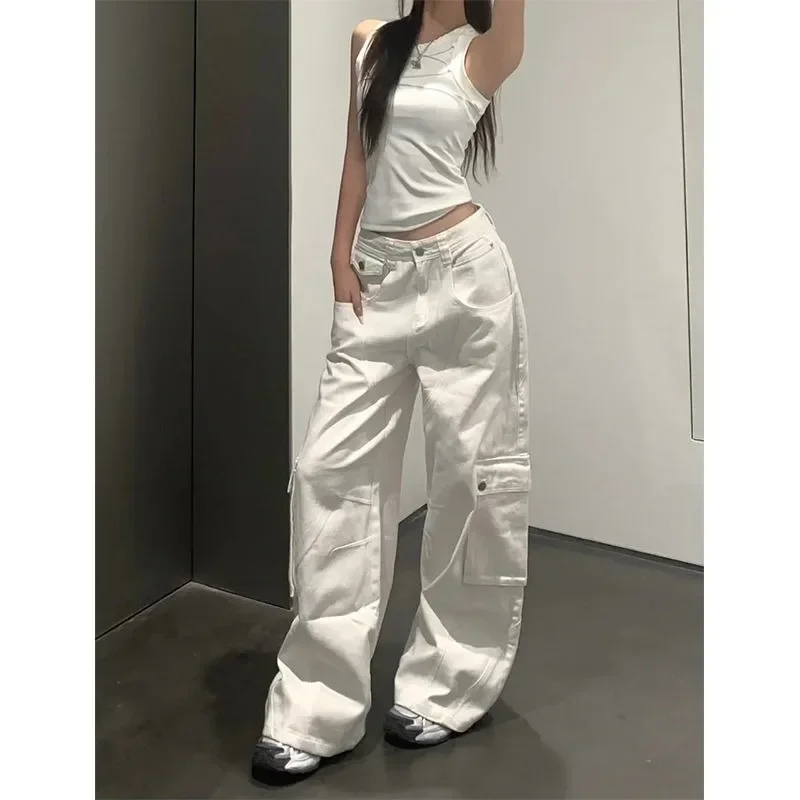 Top Trends: Deeptown White Gyaru Cargo Jeans Women Baggy Wide Streetwear Denim Pants Autumn Coquette Oversize Y2k Korean Fashion Trousers Shoppable Styles