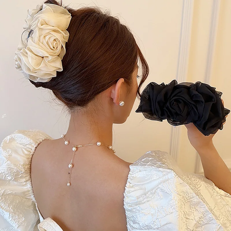 Top Trends: Elegant Silk Chiffon Flower Bow Large Hair Claw Fabric Ribbon Flower Rose Barrettes Women Girls Large Hairpin Hair Accessories Shoppable Styles