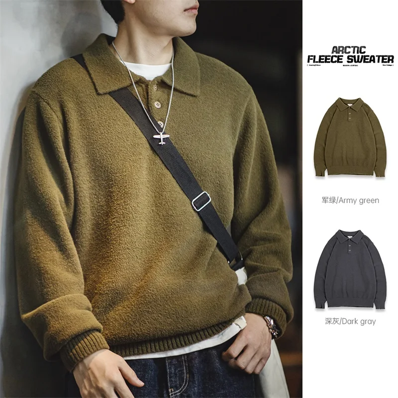 Top Trends: Maden Vintage Arctic Feece Polo Sweater 2023 Autumn Winter Army Green Warm Knit Pullover Men's Solid Color Heavyweight Jumper Shoppable Styles