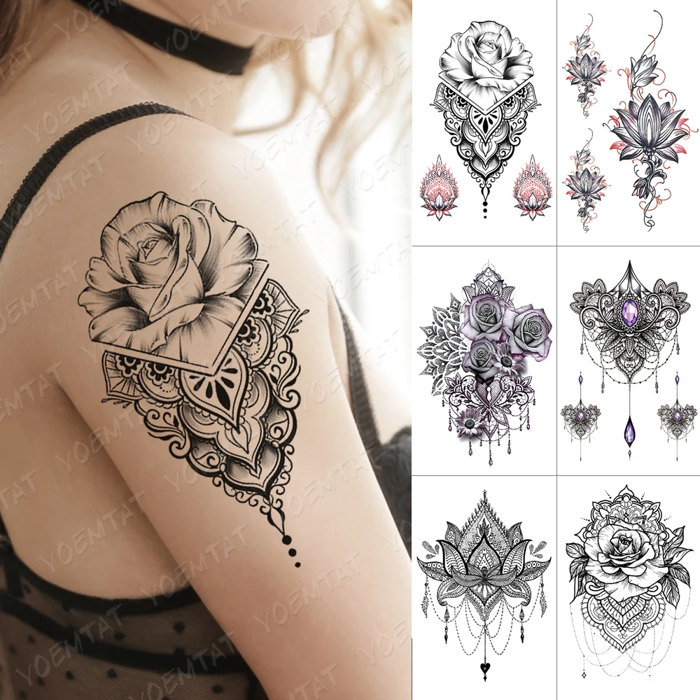 Top Trends: Henna Waterproof Temporary Tattoo Sticker Sexy Rose Lotus Gem Body Art Transfer Fake Tato Men Women Personality Shoulder Tattoos Shoppable Styles