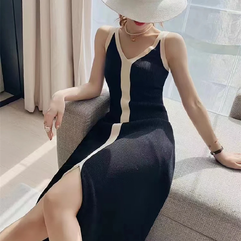 Top Trends: Fashion Women V-neck Maxi Dress Sexy Sling Sleeveless Dresses Knitted Long Dress Women Sweater Female Shoppable Styles - Image 4