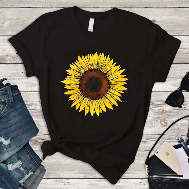 Top Trends: Golden Sunflower Print Women T Shirt Short Sleeve O Neck Loose Women Tshirt Ladies Tee Shirt Tops Clothes Camisetas Mujer Shoppable Styles