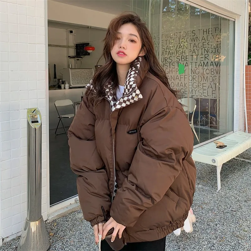 Top Trends: 2023 Winter New Checkerboard Down Cotton Coat Women's Loose Standing Neck Short Cotton Coat Cotton Coat Thickened Bread Coat Shoppable Styles