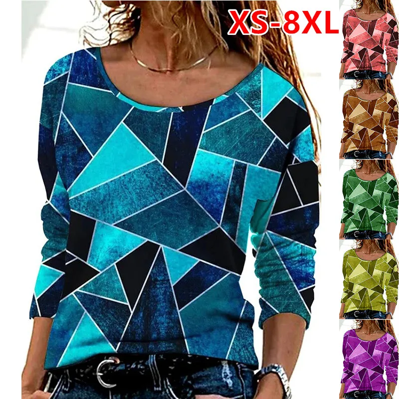 Top Trends: XS-8XL Women's Round Neck New T-Shirt Geometric Print Top Autumn Winter Top Long Sleeve Casual Loose Ladies Fashion T-Shirt Shoppable Styles