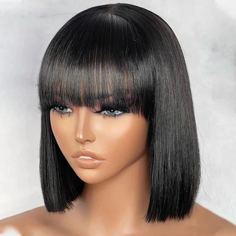 Top Trends: Short Straight Bob With Bang Human Hair Wigs Highlight Bob Fringe No Lace Full Machine Made Cheap Wigs For Women 8-16 Shoppable Styles