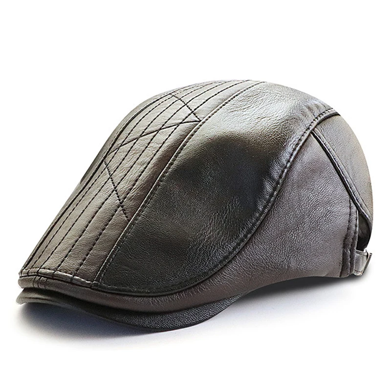 Top Trends: 2022 PU Leather Beret Hats Men Autumn Winter Faux Leather Herringbone Visor Middle-aged Men's Warm Flat Peaked Cap Adjustable Shoppable Styles - Image 2