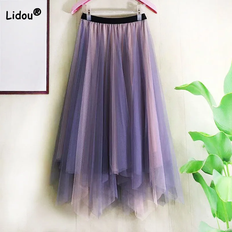 Top Trends: Fashionable Elastic High Waist Irregular Mesh Skirt Summer Women's Clothing Elegant Loose A-Line Contrast Color Skirt For Female Shoppable Styles