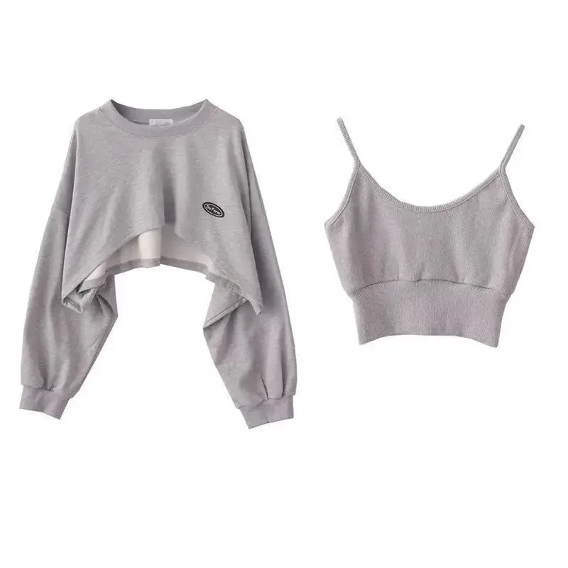 Top Trends: Women's Fashion Asymmetrical Cropped Camis Sweatshirt 2 Piece Casual Solid Long Sleeve Female Pullovers Chic Tops Shoppable Styles