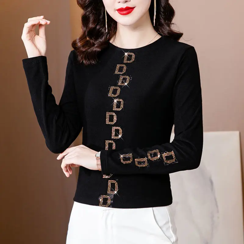 Top Trends: Office Lady Fashion Solid Color T-shirt All-match Letter Chic Diamonds Korean Standard Round Neck Basic Long Sleeve Pullovers Shoppable Styles