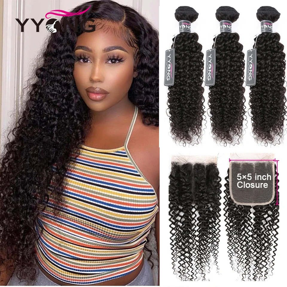 Top Trends: YYong 5x5 Closure With Bundles 28 30inch Remy Brazilian Kinky Curly Human Hair 3 / 4 Bundles With Lace Closure Shoppable Styles