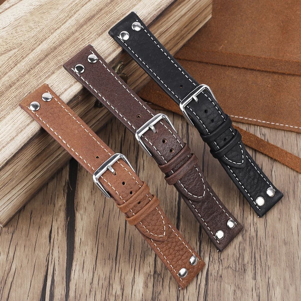 Top Trends: Genuine Leather Watch Strap 18mm 19mm 20mm 21mm 22mm 24mm Lychee Pattern Watch Band Black Brown Rivets Watchband Accessories Shoppable Styles