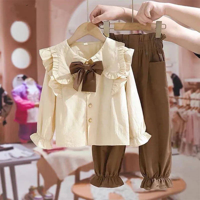 Top Trends: Spring Autumn Y2K Fashion Cute Girls Two Piece Set Cotton Long Sleeve Solid Shirt And Pants Kids Suit Bowknot Children's Clothes Shoppable Styles