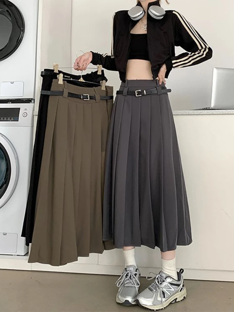 Top Trends: 2022 New Autumn Long Skirts For Women Vintage Harajuke High Waist Slim Solid Pleated Skirt Y2k Clothes Shoppable Styles