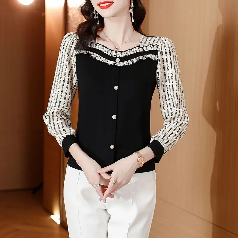 Top Trends: Fashion Women Square Neck Long Sleeve Shirts Office Lady New Patchwork Striped Simple Long Sleeve Loose Chic Casual Blouse 2023 Shoppable Styles