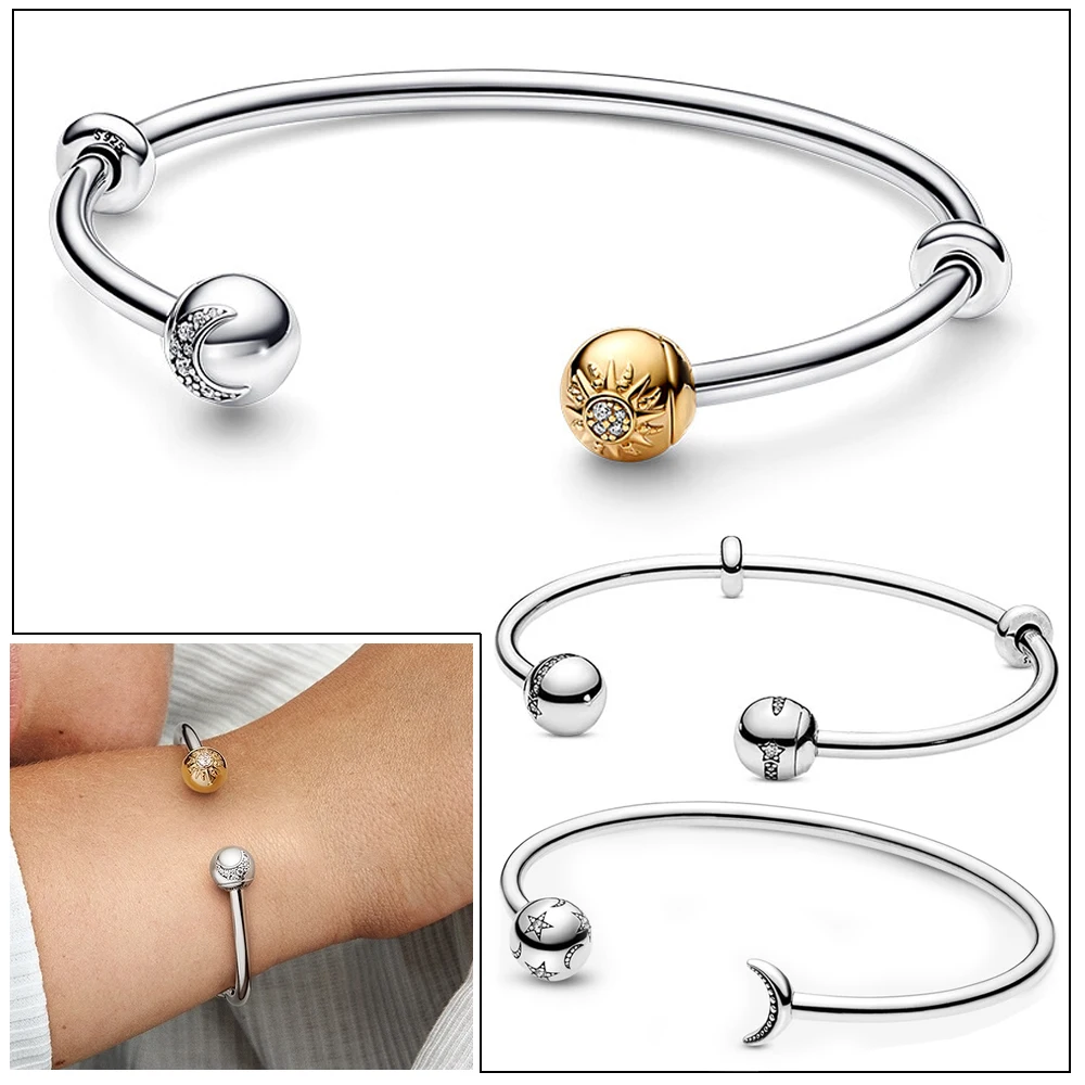 Top Trends: Original Sterling Silver Sun &amp; Moon Open Bangle Bracelets 925 Silver Charms DIY Women Wedding Jewelry Gifts Shoppable Styles