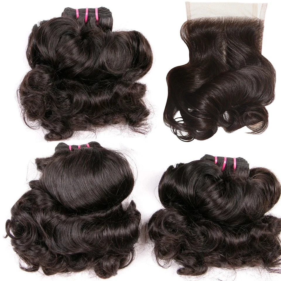 Top Trends: Double Drawn Human Hair Bundles With Closure Funmi Hair Weaves Brazilian Bouncy Curl Bundles With 4x4 Lace Closure Natural Color Shoppable Styles