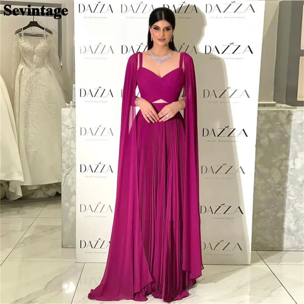 Top Trends: Sevintage A Line Chiffon Formal Evening Dresses Saudi Arabic Long Cape Sleeves Spaghetti Strap Women Prom Gowns Party Dress Shoppable Styles