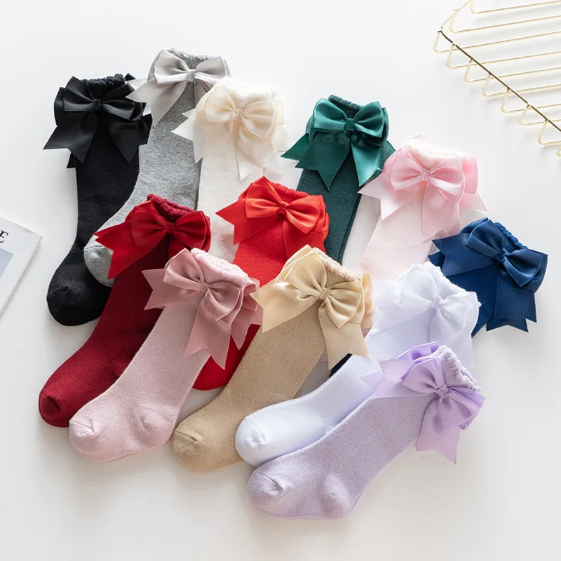 Top Trends: 12 Colors Girls Socks Double Bows Cotton Baby Children Sock Soft Baby Long Tube Socks Kids Princess Knee High Socken For 0-7Y Shoppable Styles