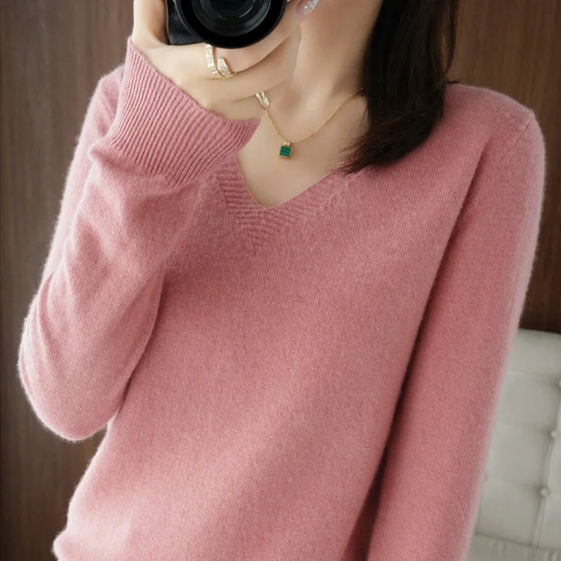 Top Trends: Fall Winter Women V-neck Pullovers Fashion Loose Jumper Warm Bottoming Sweater Plush Cashmere Knitted Pullover Solid Long Sleeve Shoppable Styles