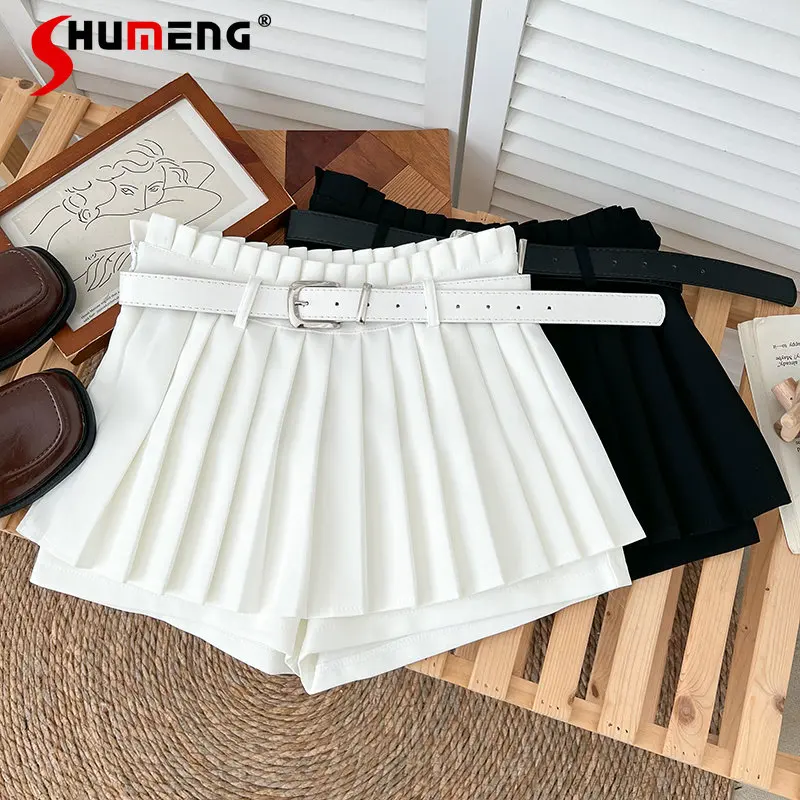 Top Trends: Casual Short Shorts Design Fashionable All-Match Wooden Ear High Waist Slimming A- Line Pleated Pants Skirt Hot Pants With Belt Shoppable Styles