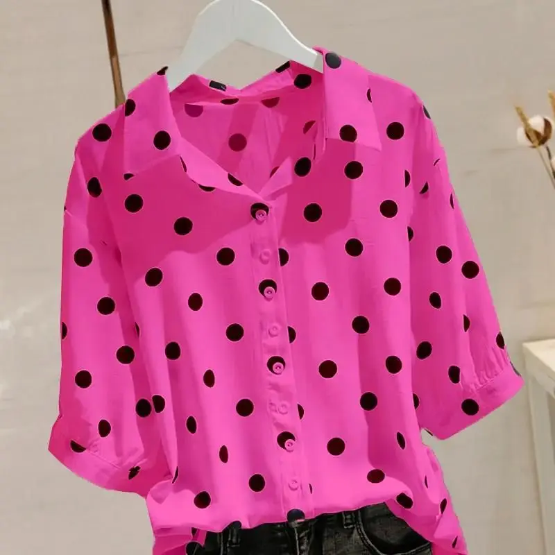 Top Trends: Fashion Printed Lapel Button Loose Polka Dot Blouse Female Clothing 2023 Summer New Oversized Casual Pullovers Office Lady Shirt Shoppable Styles