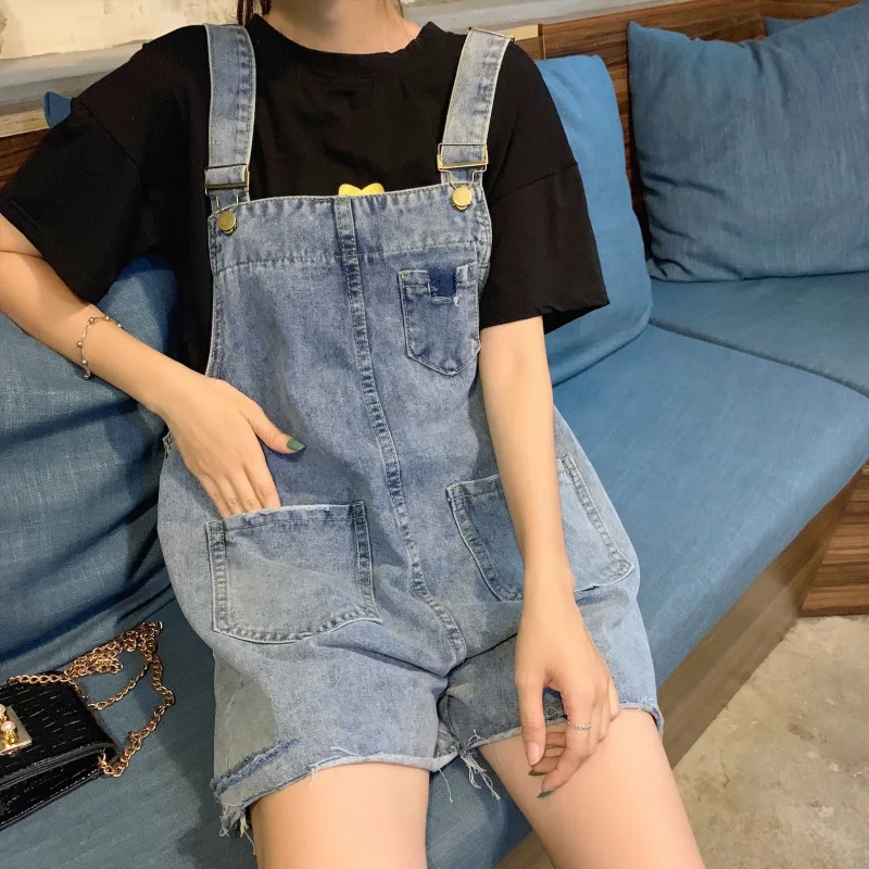 Top Trends: Overalls For Women Summer Denim Shorts Raw Edge Ripped Korean Style Jeans Pants Blue High Waist Baggy Casual Y2k Fashion Shorts Shoppable Styles