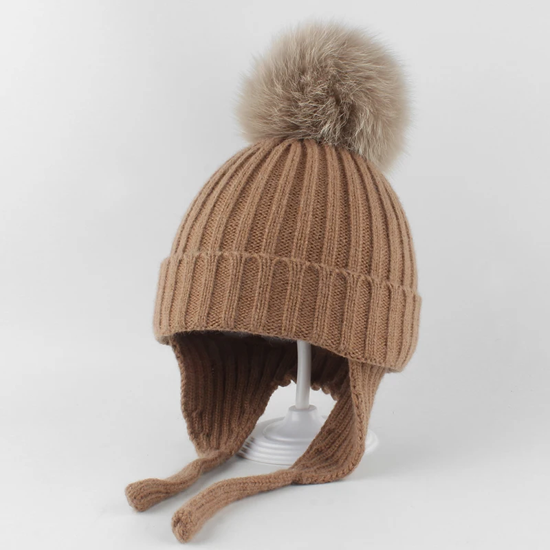 Top Trends: Winter Real Fox Fur Pompom Beanie Hats For Kids Autumn Baby Warm Knitted Wool Hat Toddler Earflap Skullies Beanies Outdoor Shoppable Styles