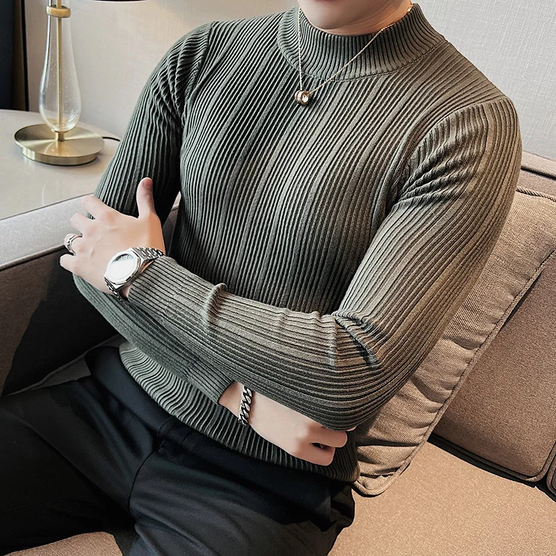 Top Trends: 2023 Fashion Slim Fit Turtleneck Knitted Sweater Men Slim Fit Clothing Autumn New Casual Stripe Pullovers All-match Warm Tops Shoppable Styles