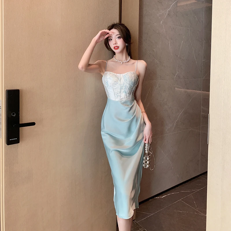 Top Trends: Sexy Backless Midi Dresses For Women Summer Elegant Party Prom Suspender Female Clothes Vestidos Satin Embroidery Evening Dress Shoppable Styles