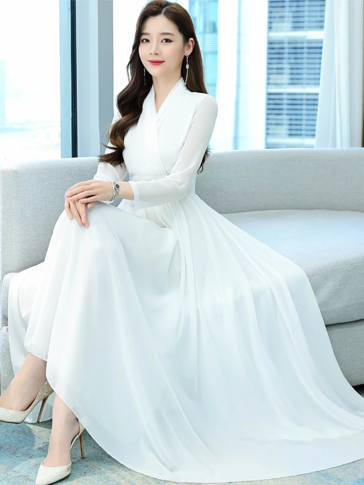 Top Trends: White Vintage Maxi Spring Dress Women 2023 Chiffon Elegant Korean Fashion Long Sleeve Red Tunics Casual Prom Evening Dresses For Shoppable Styles